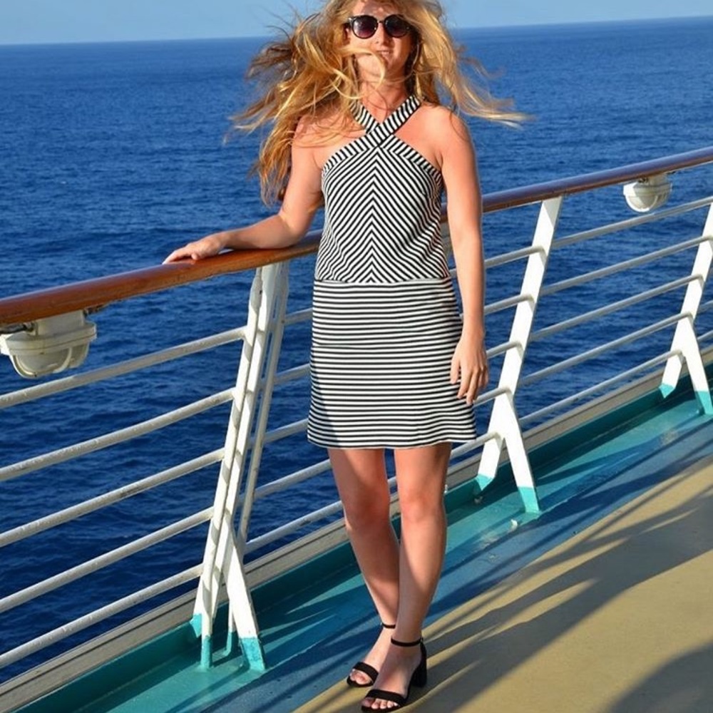 Kaari Blue Black and White striped halter dress XS